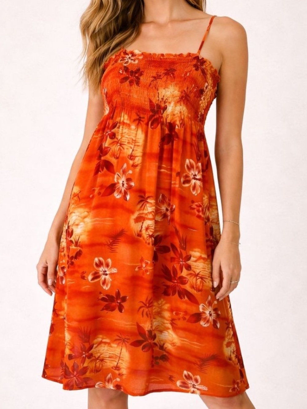 Two Palms Hawaiian Midi Dress Sunset Orange Floral Smock One Size Made in Hawaii